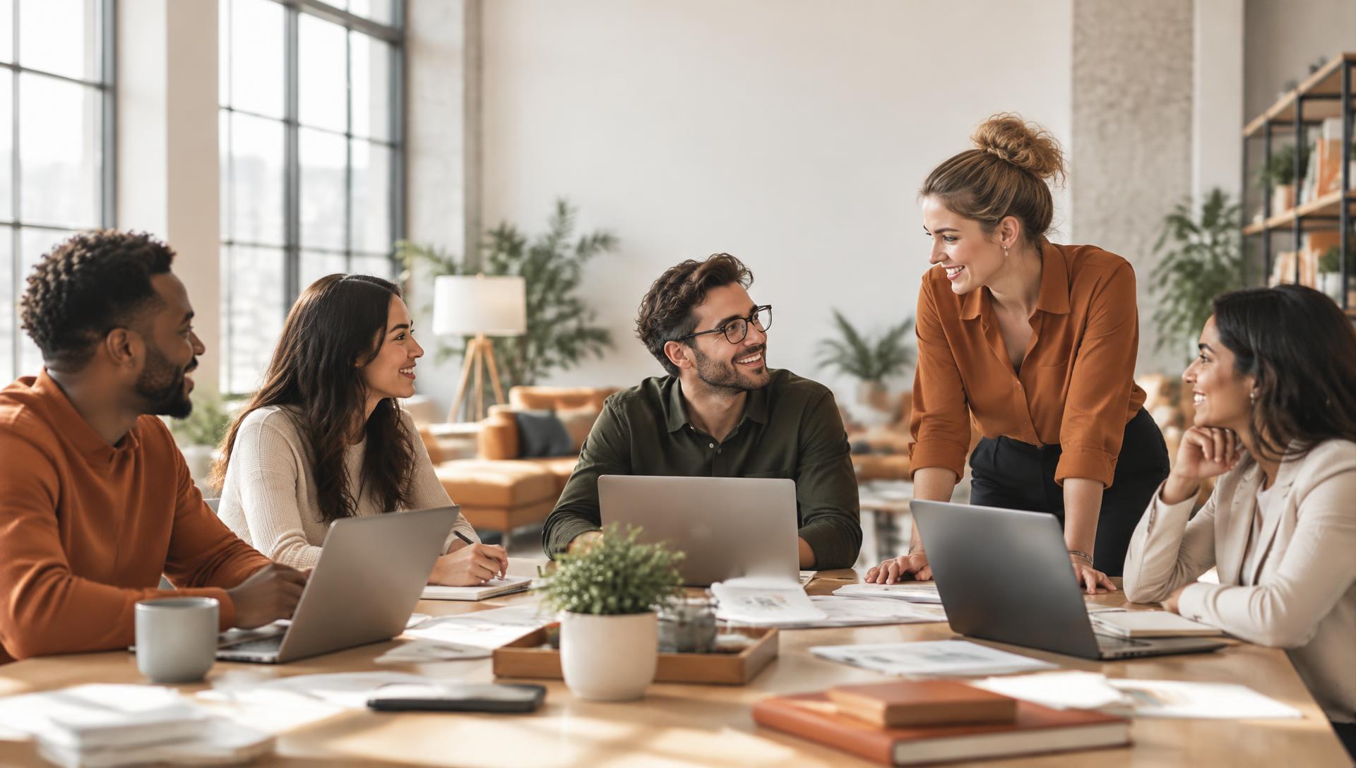 A diverse business team collaborating around laptops in a bright modern office